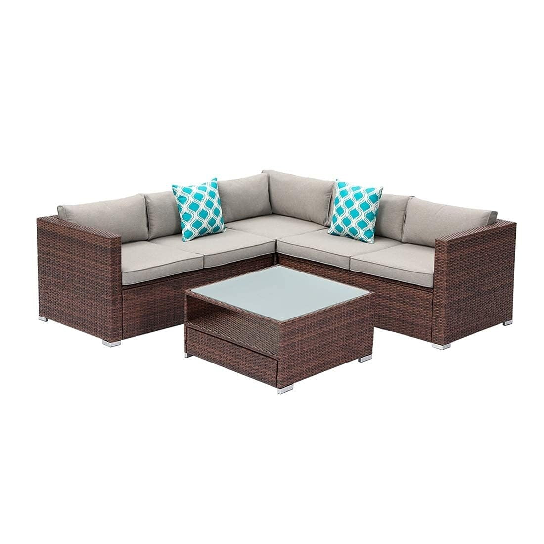 Ensemble de salon de jardin 4 pièces avec coussins épais, canapé d'extérieur en osier et table basse