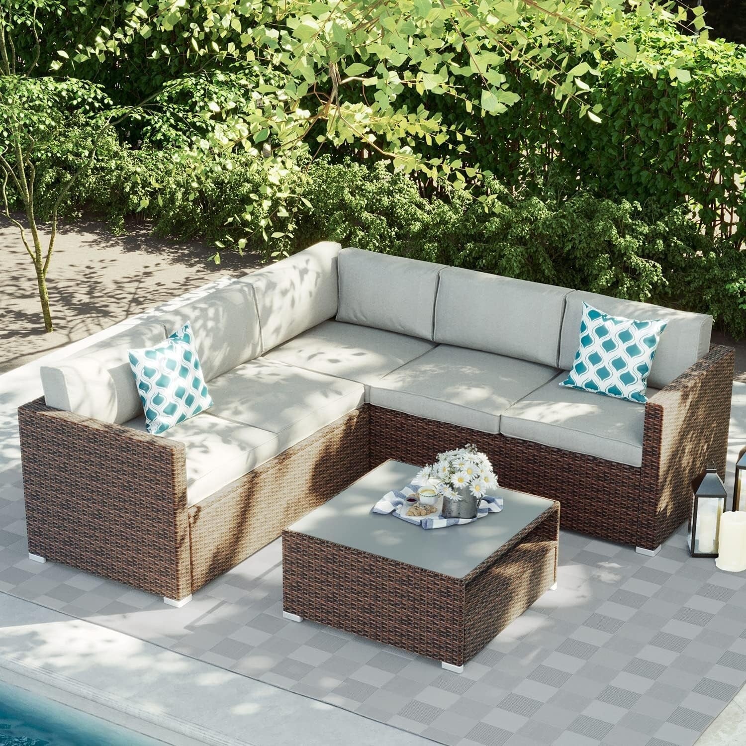 Ensemble de salon de jardin 4 pièces avec coussins épais, canapé d'extérieur en osier et table basse