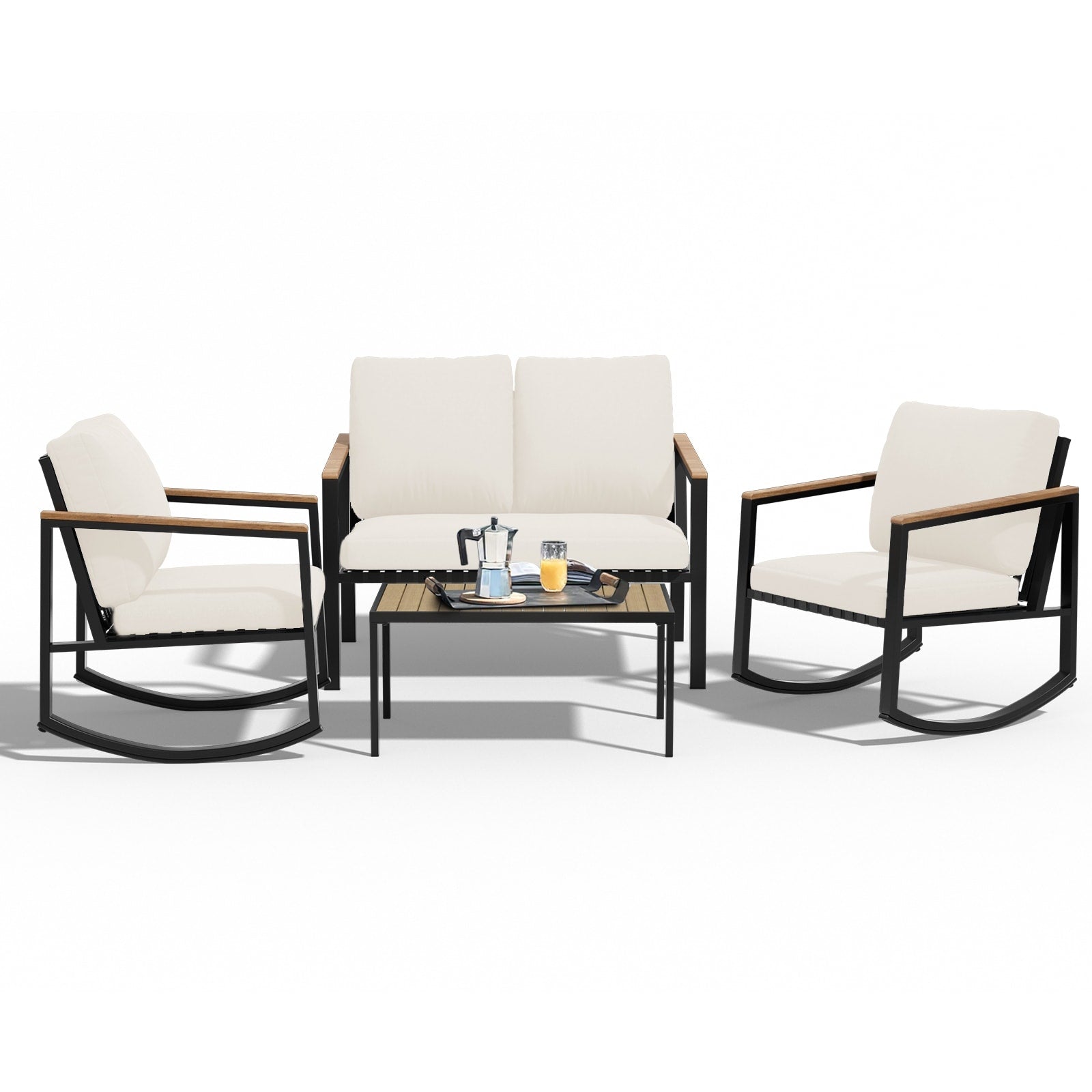 Ensemble de conversation de patio 4 pièces avec coussins et chaises berçantes