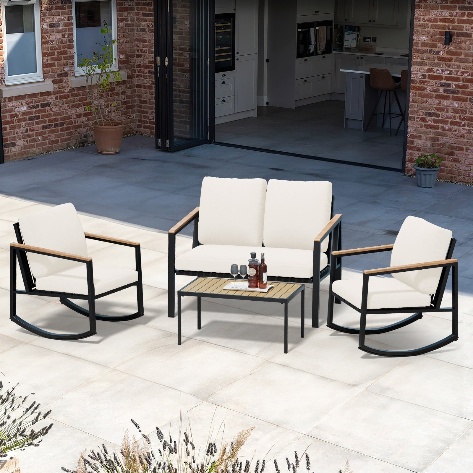 Ensemble de conversation de patio 4 pièces avec coussins et chaises berçantes