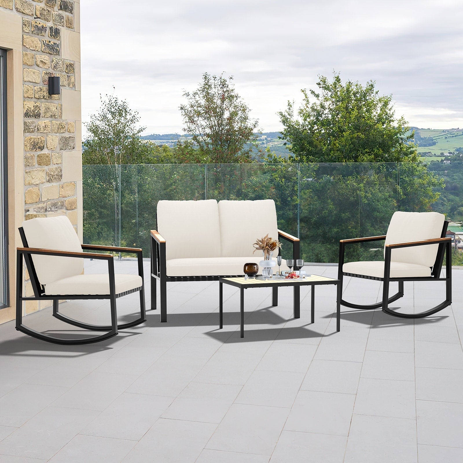 Ensemble de conversation de patio 4 pièces avec coussins et chaises berçantes