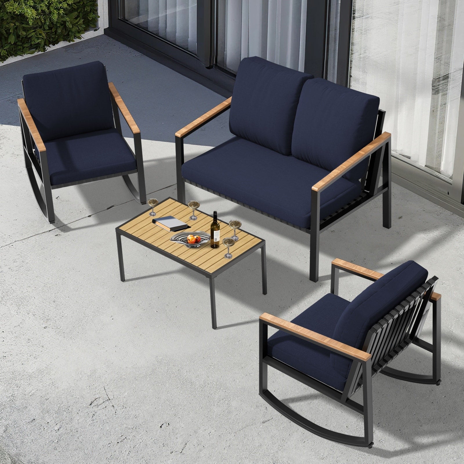 Ensemble de conversation de patio 4 pièces avec coussins et chaises berçantes