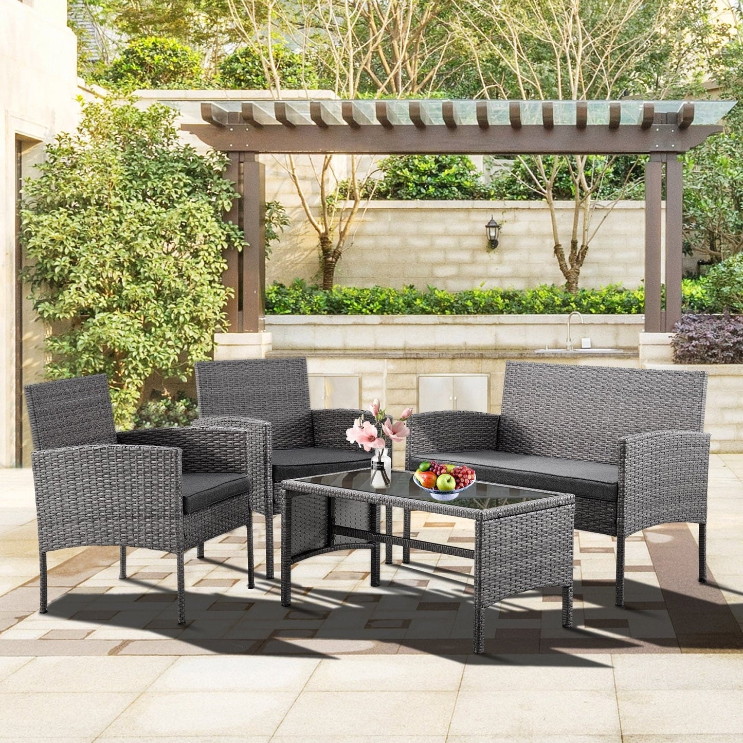 Ensemble de 4 meubles de jardin en osier, sectionnels et en rotin, avec coussins, pour jardin