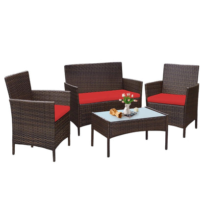 Ensemble de meubles de jardin 4 pièces avec coussins, salon de jardin en osier et table basse en verre