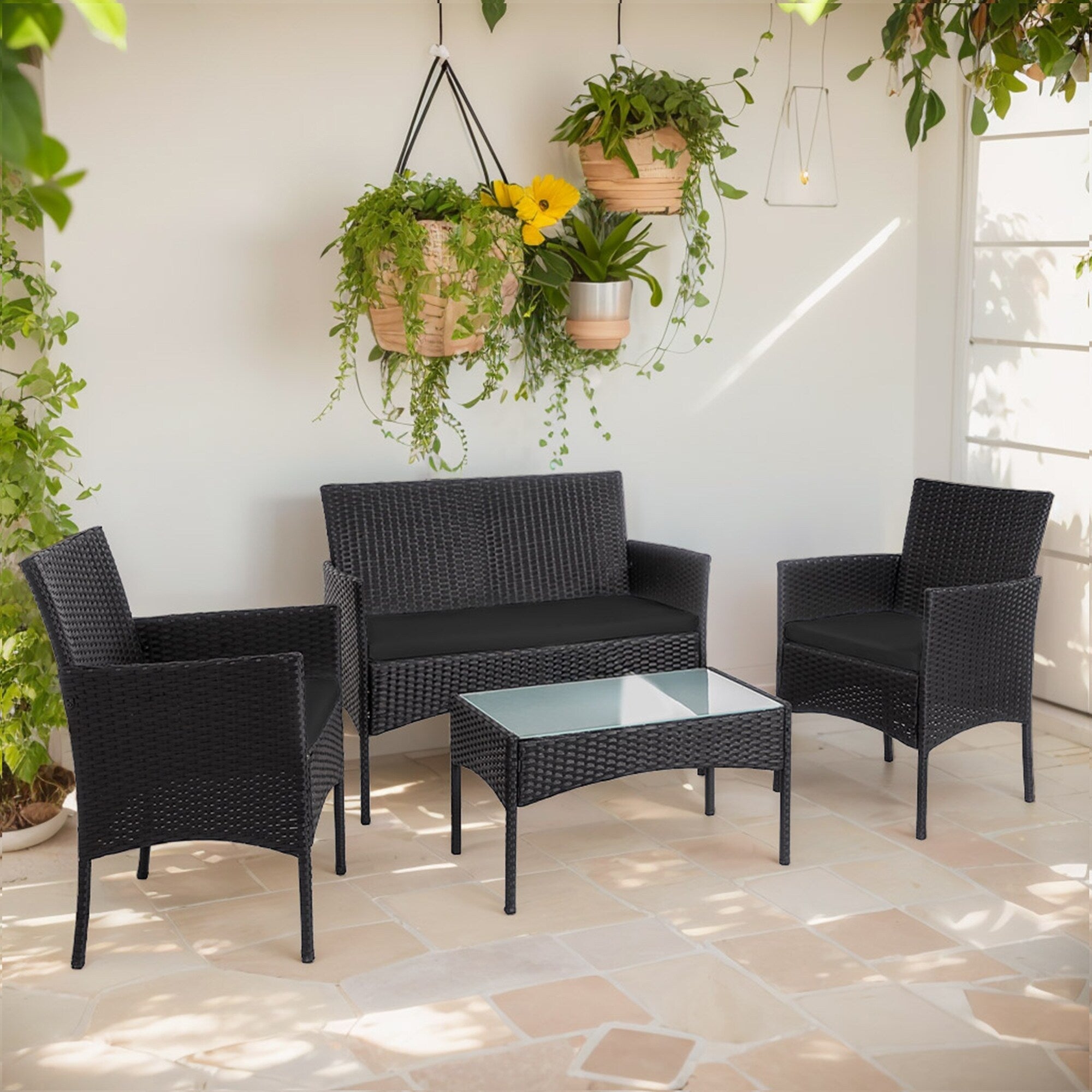 Ensemble de 4 meubles de jardin en osier, sectionnel et en rotin avec coussins