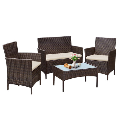 Ensemble de meubles de jardin 4 pièces avec coussins, salon de jardin en osier et table basse en verre