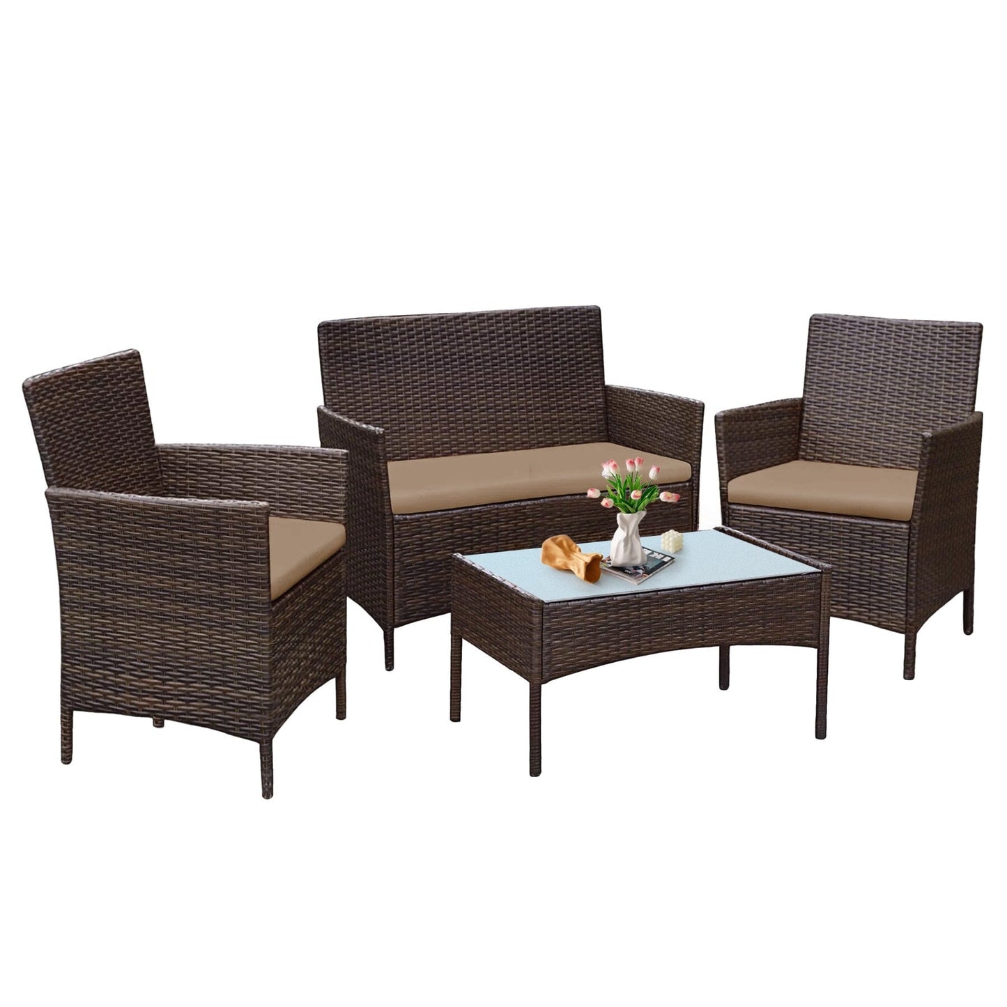 Ensemble de meubles de jardin 4 pièces avec coussins, salon de jardin en osier et table basse en verre