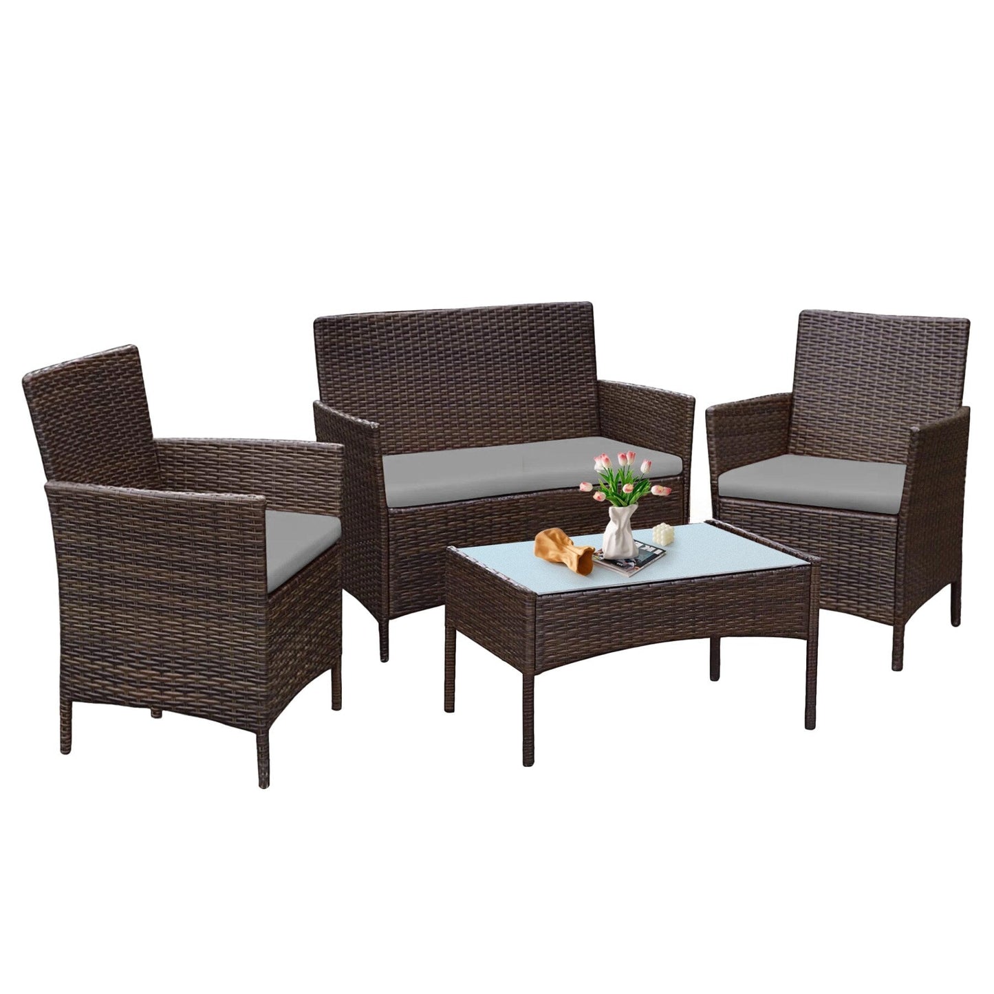 Ensemble de meubles de jardin 4 pièces avec coussins, salon de jardin en osier et table basse en verre
