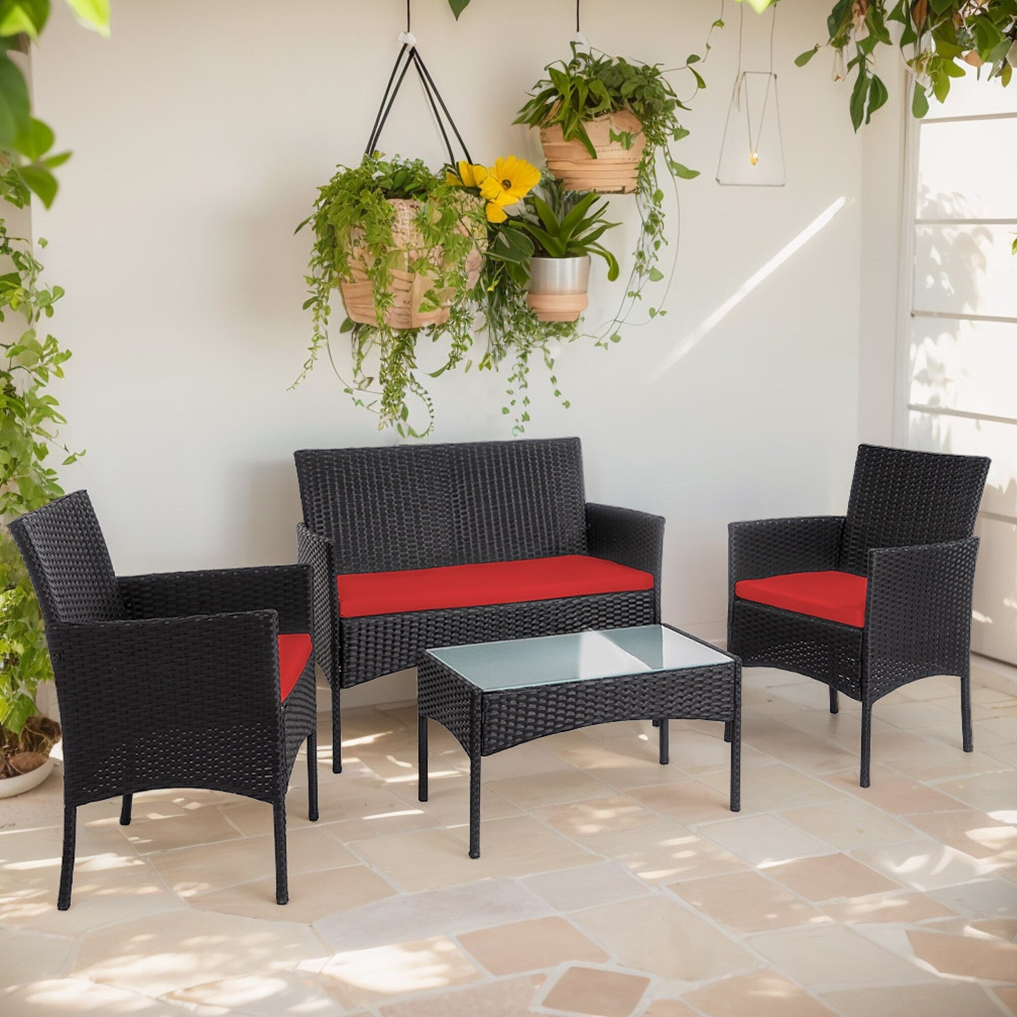 Ensemble de 4 meubles de jardin en osier, sectionnel et en rotin avec coussins