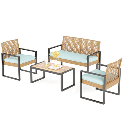 Ensemble de bistrot d'extérieur 4 pièces en osier et rotin résistant aux intempéries avec coussins moelleux par Havenside Home