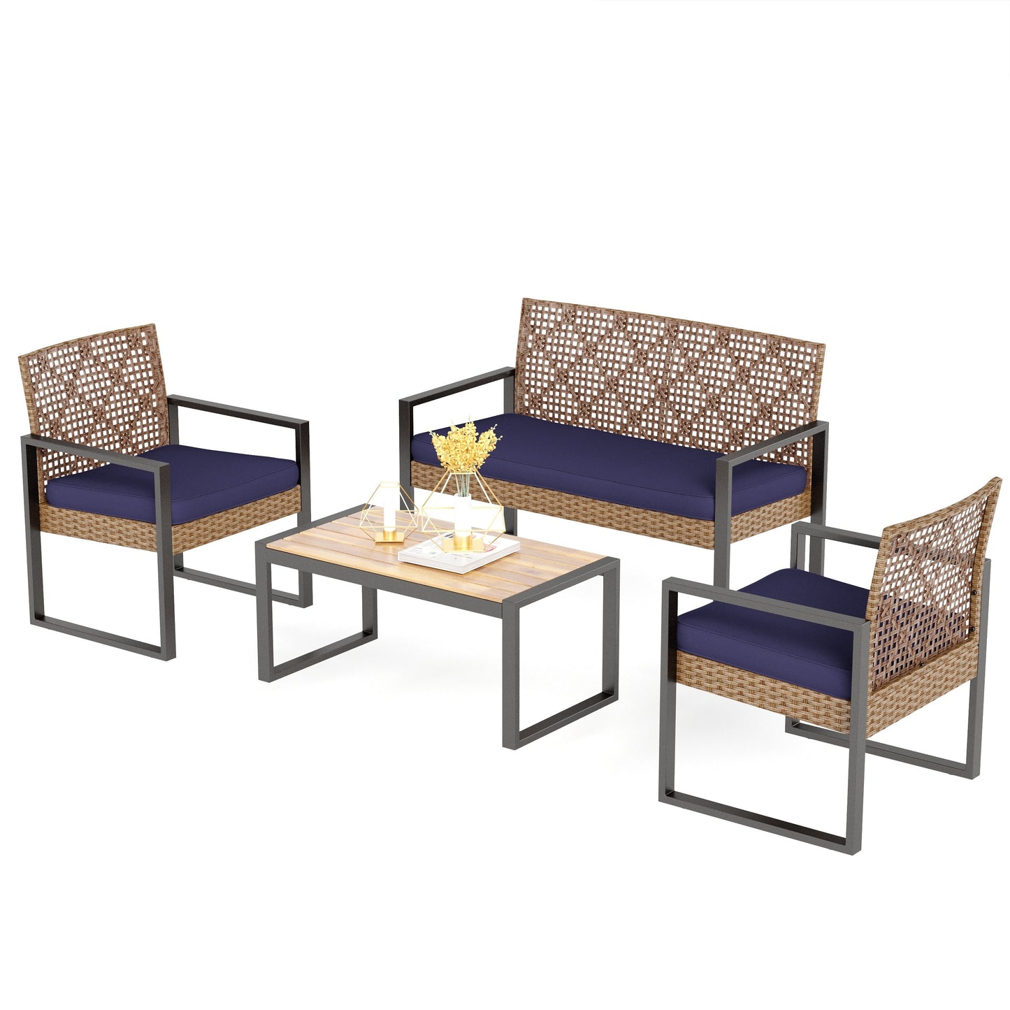 Ensemble de bistrot d'extérieur 4 pièces en osier et rotin résistant aux intempéries avec coussins moelleux par Havenside Home