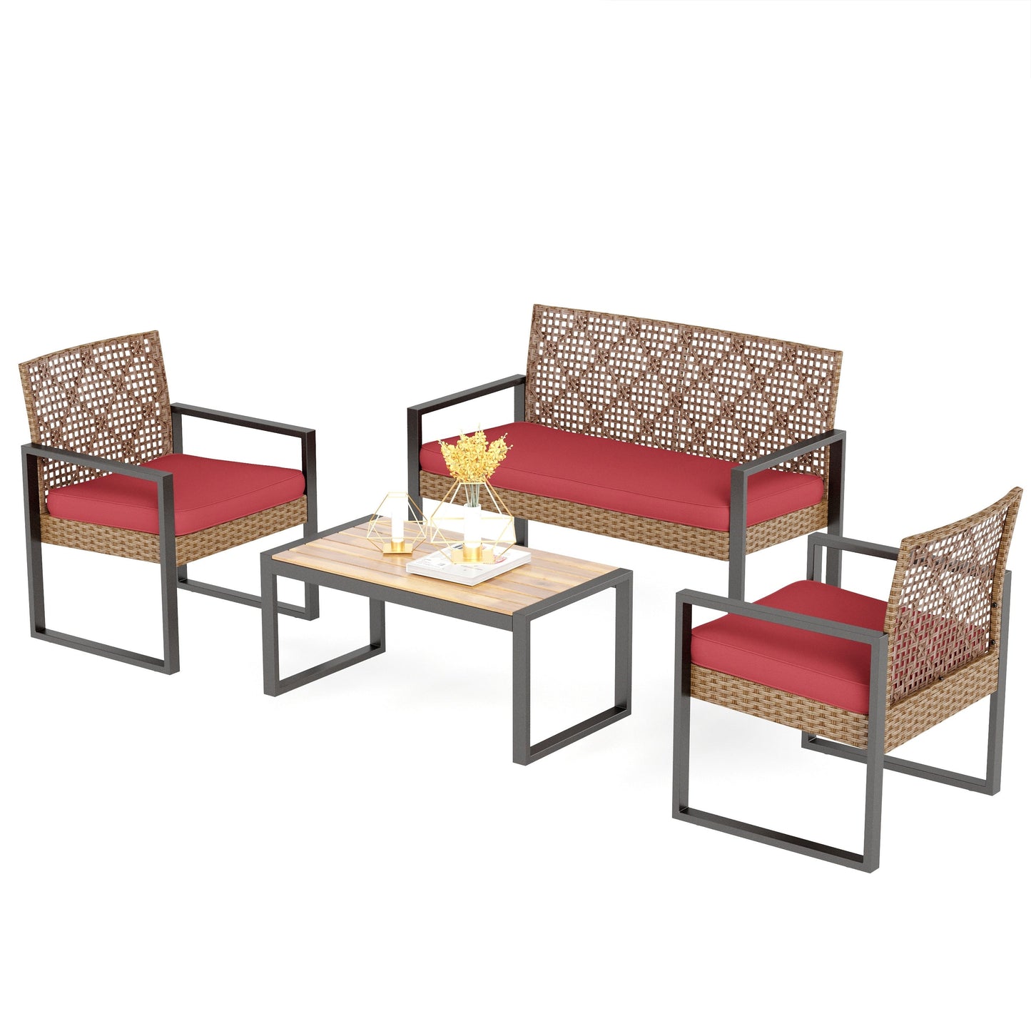 Ensemble de bistrot d'extérieur 4 pièces en osier et rotin résistant aux intempéries avec coussins moelleux par Havenside Home