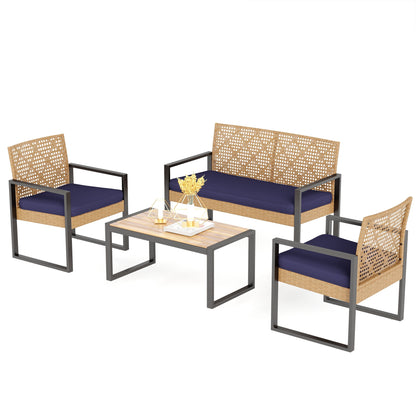Ensemble de bistrot d'extérieur 4 pièces en osier et rotin résistant aux intempéries avec coussins moelleux par Havenside Home