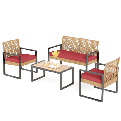 Ensemble de bistrot d'extérieur 4 pièces en osier et rotin résistant aux intempéries avec coussins moelleux par Havenside Home