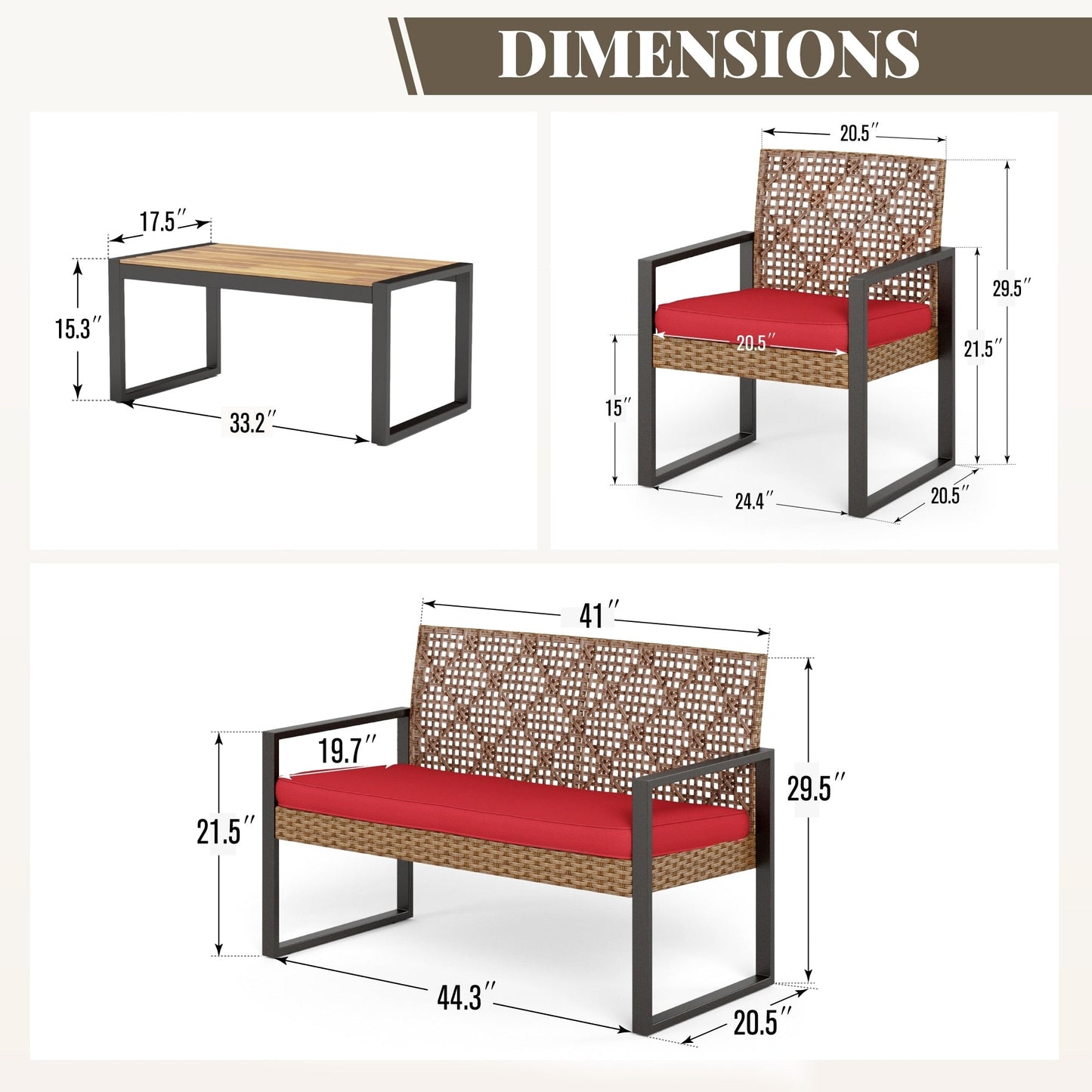 Ensemble de bistrot d'extérieur 4 pièces en osier et rotin résistant aux intempéries avec coussins moelleux par Havenside Home