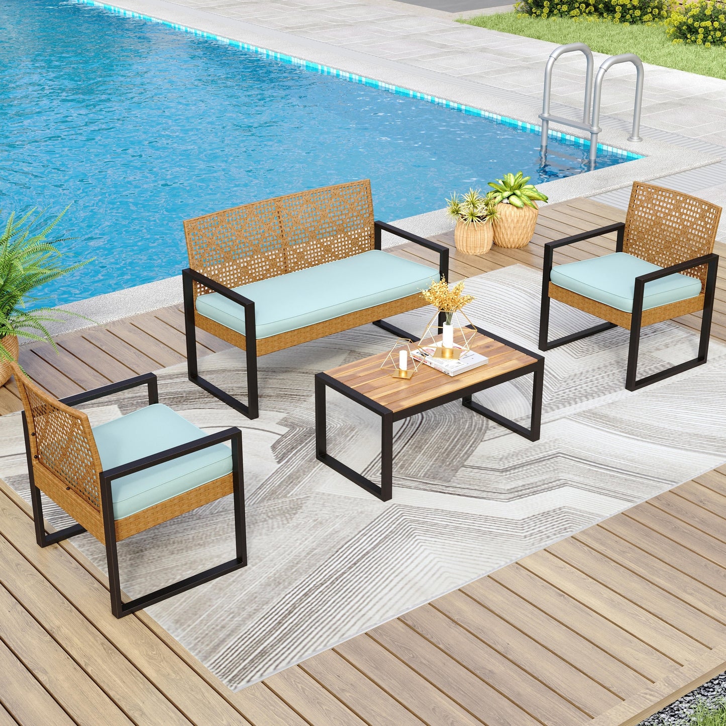 Ensemble de bistrot d'extérieur 4 pièces en osier et rotin résistant aux intempéries avec coussins moelleux par Havenside Home