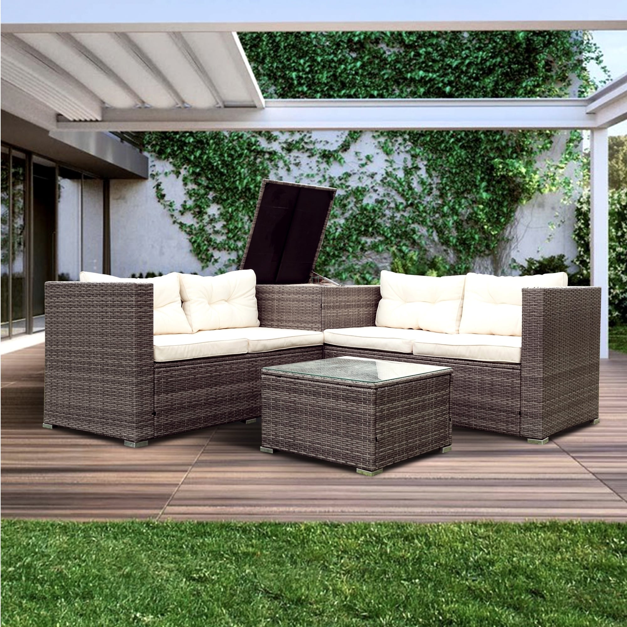 Ensemble de canapés sectionnels en osier avec rangement, 4 pièces, pour patio