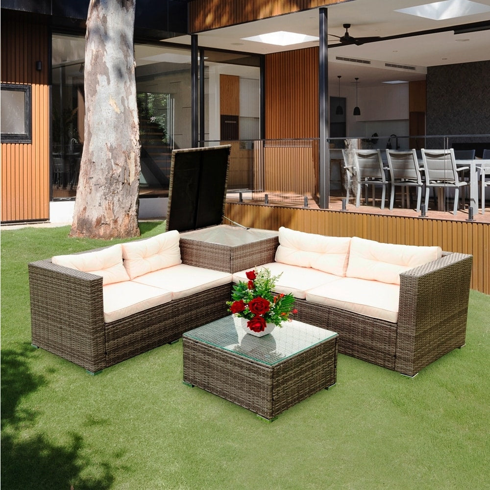 Ensemble de canapés sectionnels en osier avec rangement, 4 pièces, pour patio