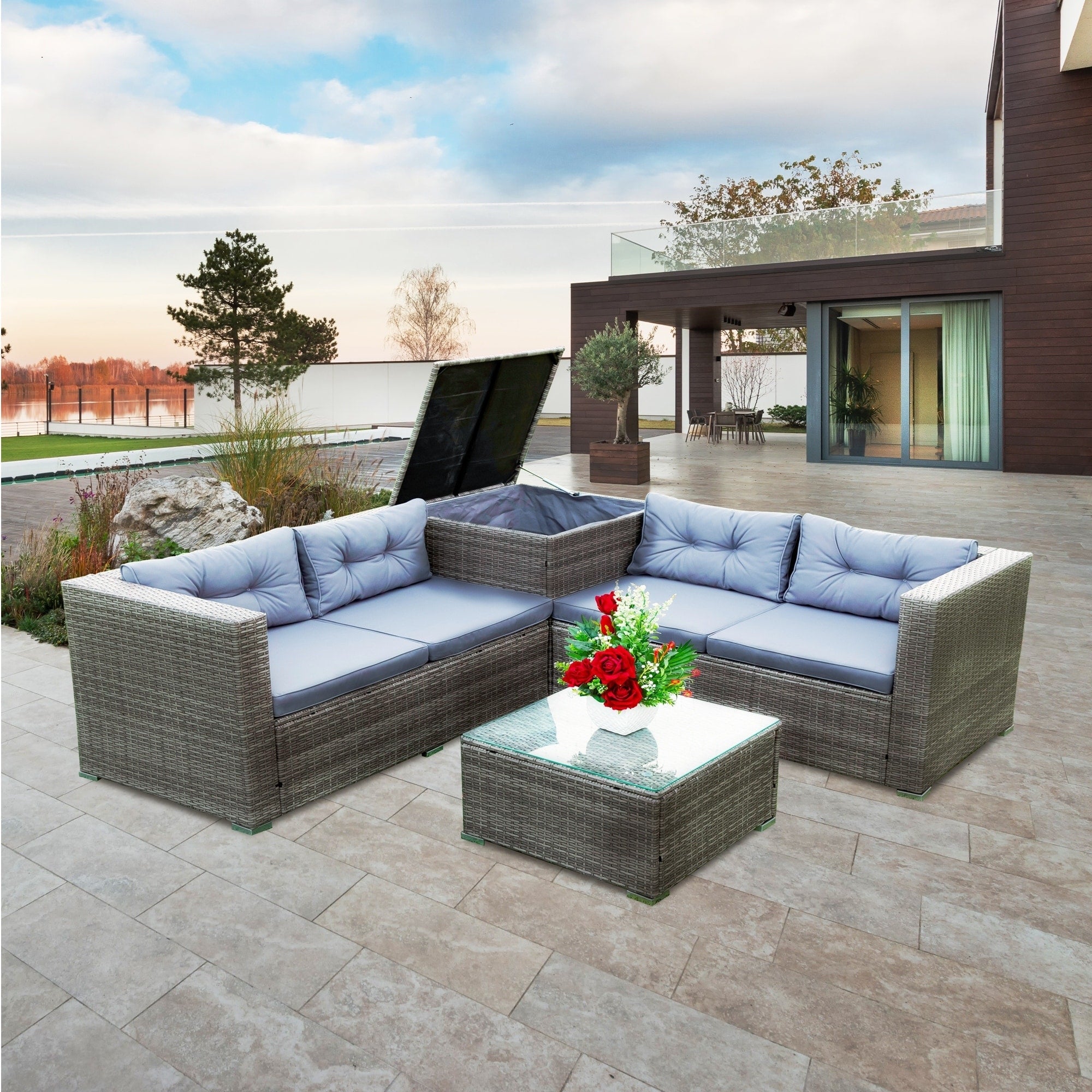 Ensemble de canapés sectionnels en osier avec rangement, 4 pièces, pour patio