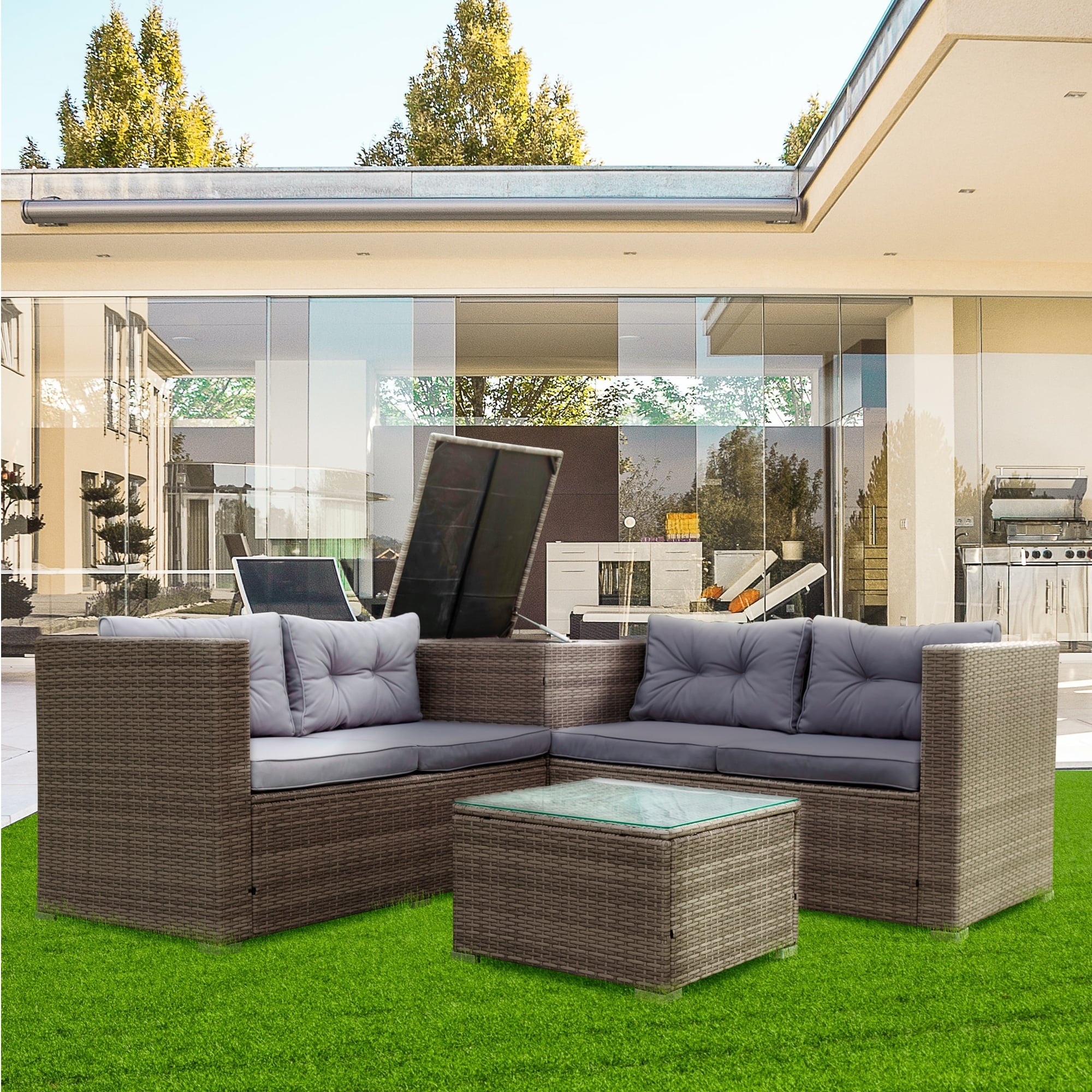 Ensemble de canapés sectionnels en osier avec rangement, 4 pièces, pour patio