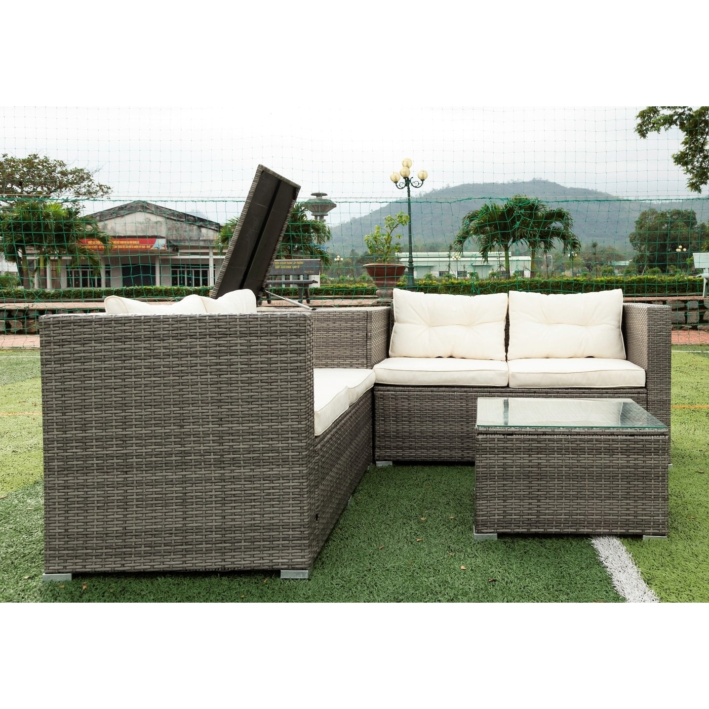 Ensemble de canapés sectionnels en osier avec rangement, 4 pièces, pour patio