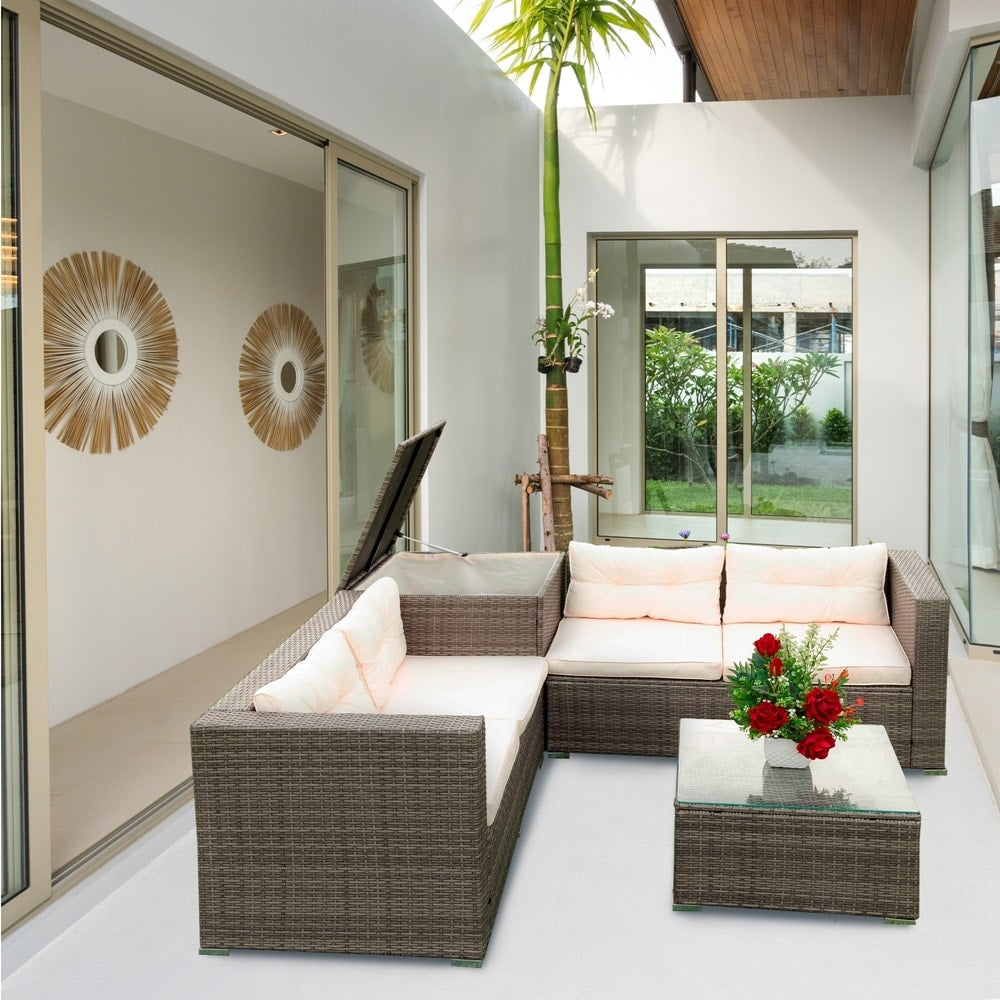 Ensemble de canapés sectionnels en osier avec rangement, 4 pièces, pour patio