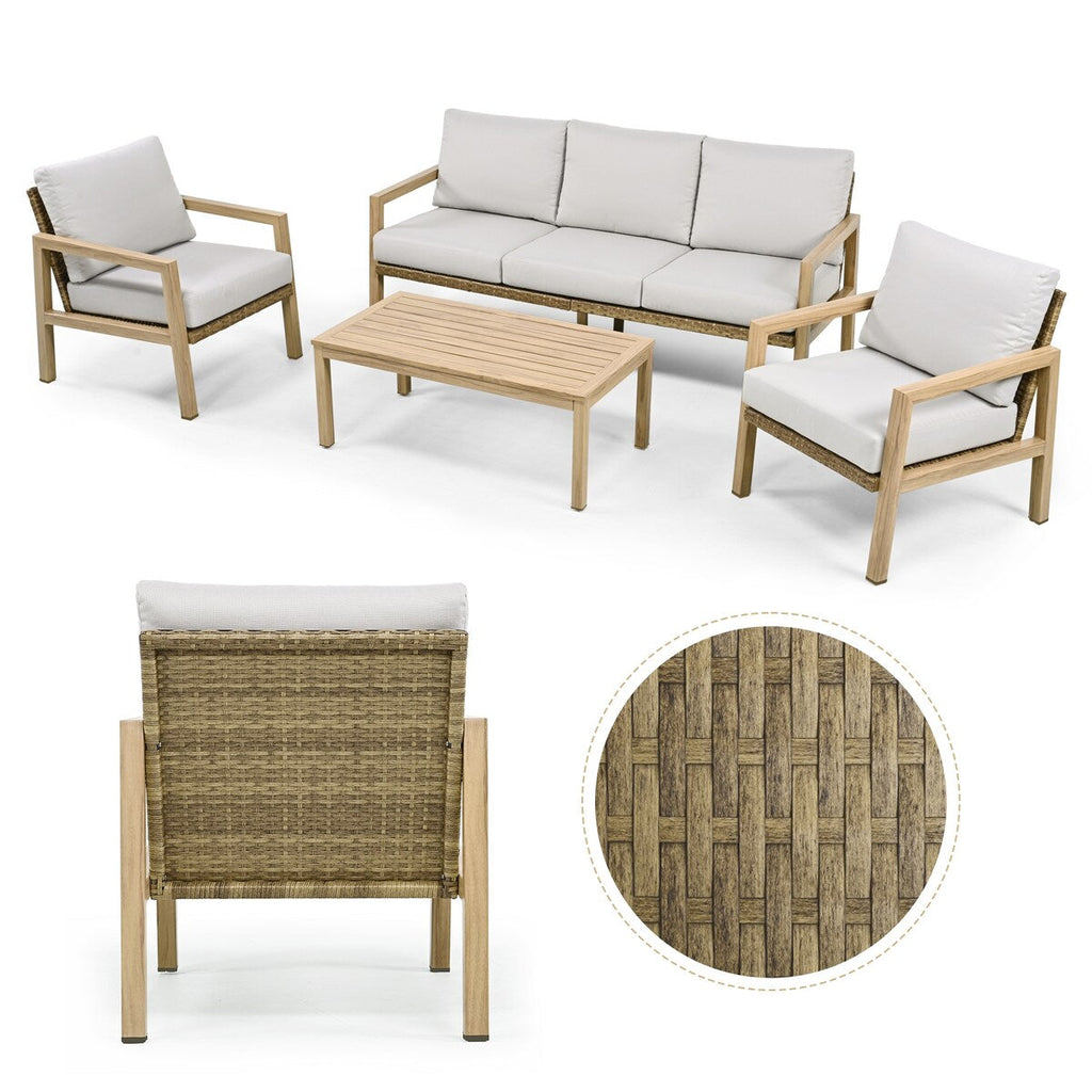 Ensemble de salon de jardin 4 pièces en aluminium effet bois avec dossier et coussins en rotin