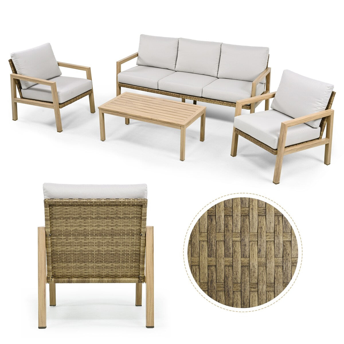 Ensemble de salon de jardin 4 pièces en aluminium effet bois avec dossier et coussins en rotin