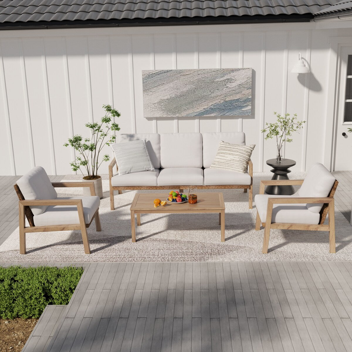 Ensemble de salon de jardin 4 pièces en aluminium effet bois avec dossier et coussins en rotin