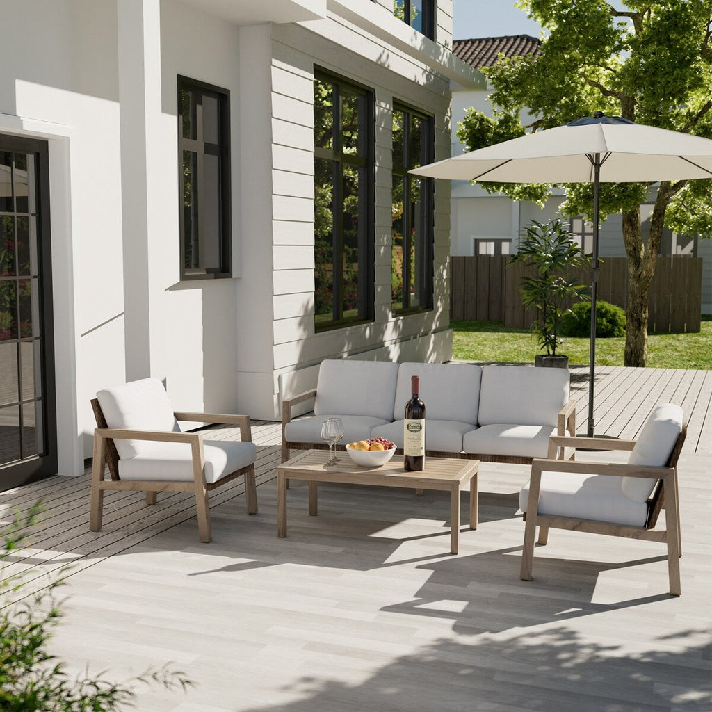 Ensemble de salon de jardin 4 pièces en aluminium effet bois avec dossier et coussins en rotin