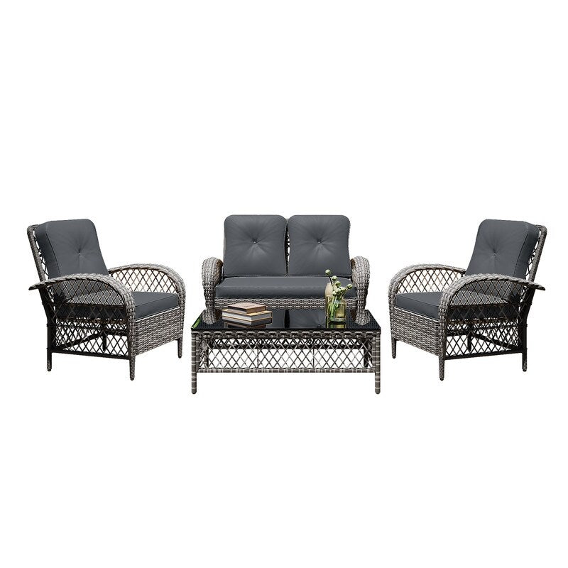 Ensemble de 4 chaises de patio Patio Watcher en osier gris avec coussins et table basse