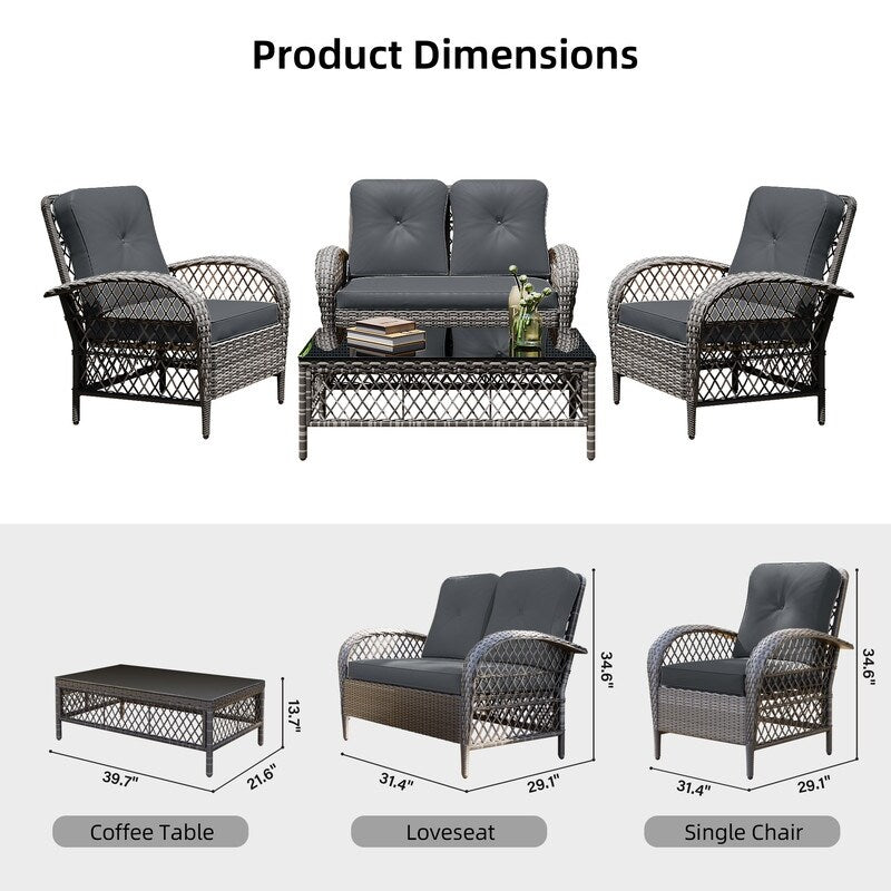 Ensemble de 4 chaises de patio Patio Watcher en osier gris avec coussins et table basse
