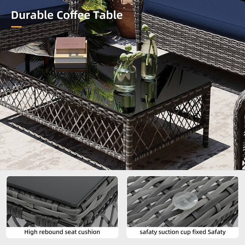 Ensemble de 4 chaises de patio Patio Watcher en osier gris avec coussins et table basse