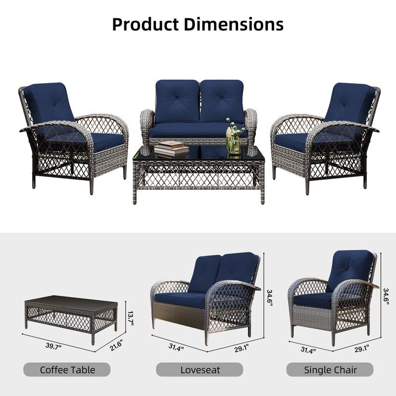 Ensemble de 4 chaises de patio Patio Watcher en osier gris avec coussins et table basse