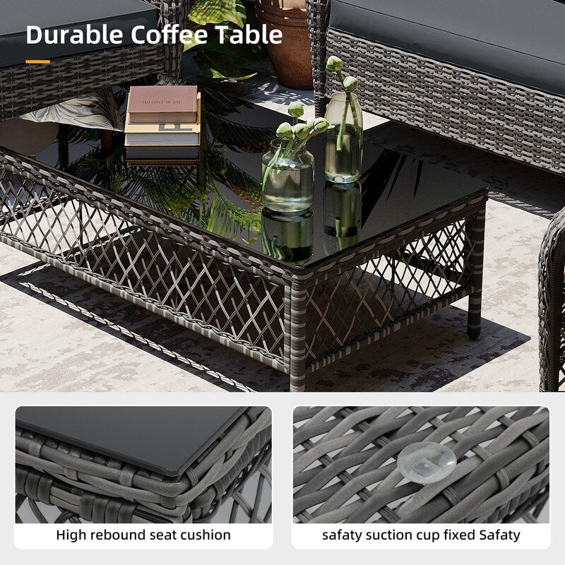Ensemble de 4 chaises de patio Patio Watcher en osier gris avec coussins et table basse