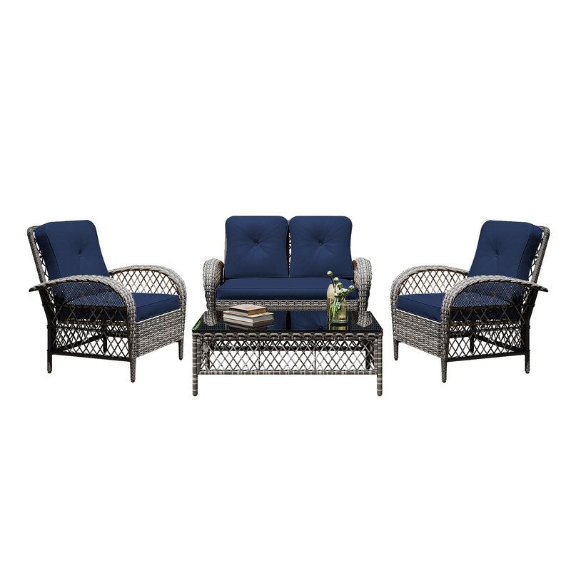 Ensemble de 4 chaises de patio Patio Watcher en osier gris avec coussins et table basse