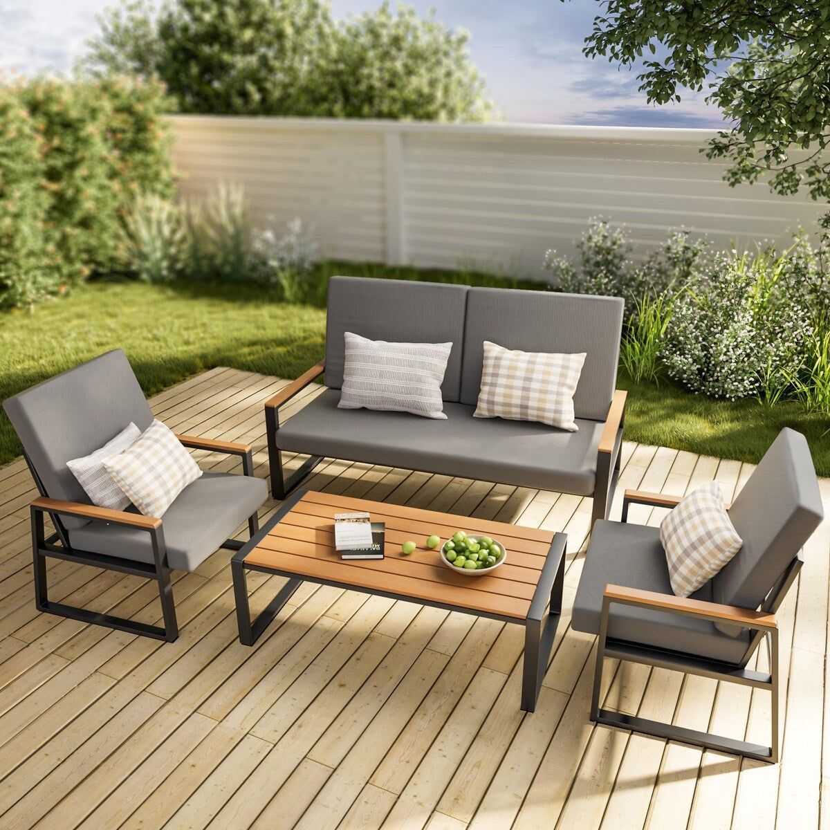 Salon de jardin 4 pièces en bois massif avec housses de coussin amovibles