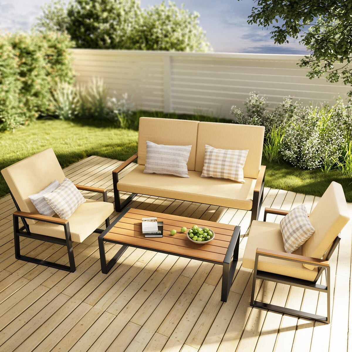 Salon de jardin 4 pièces en bois massif avec housses de coussin amovibles