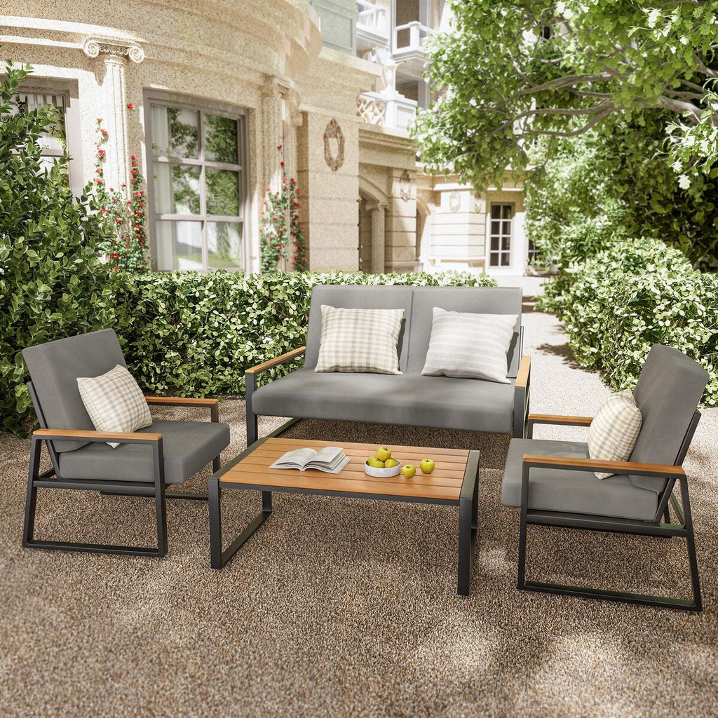 Salon de jardin 4 pièces en bois massif avec housses de coussin amovibles