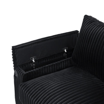 Canapé 4 places moderne en velours côtelé avec ports USB, rangement dissimulé et porte-gobelets rabattables