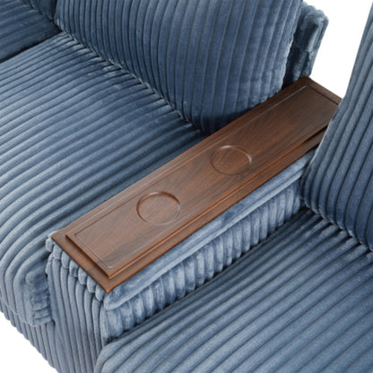 Canapé 4 places moderne en velours côtelé avec ports USB, rangement dissimulé et porte-gobelets rabattables