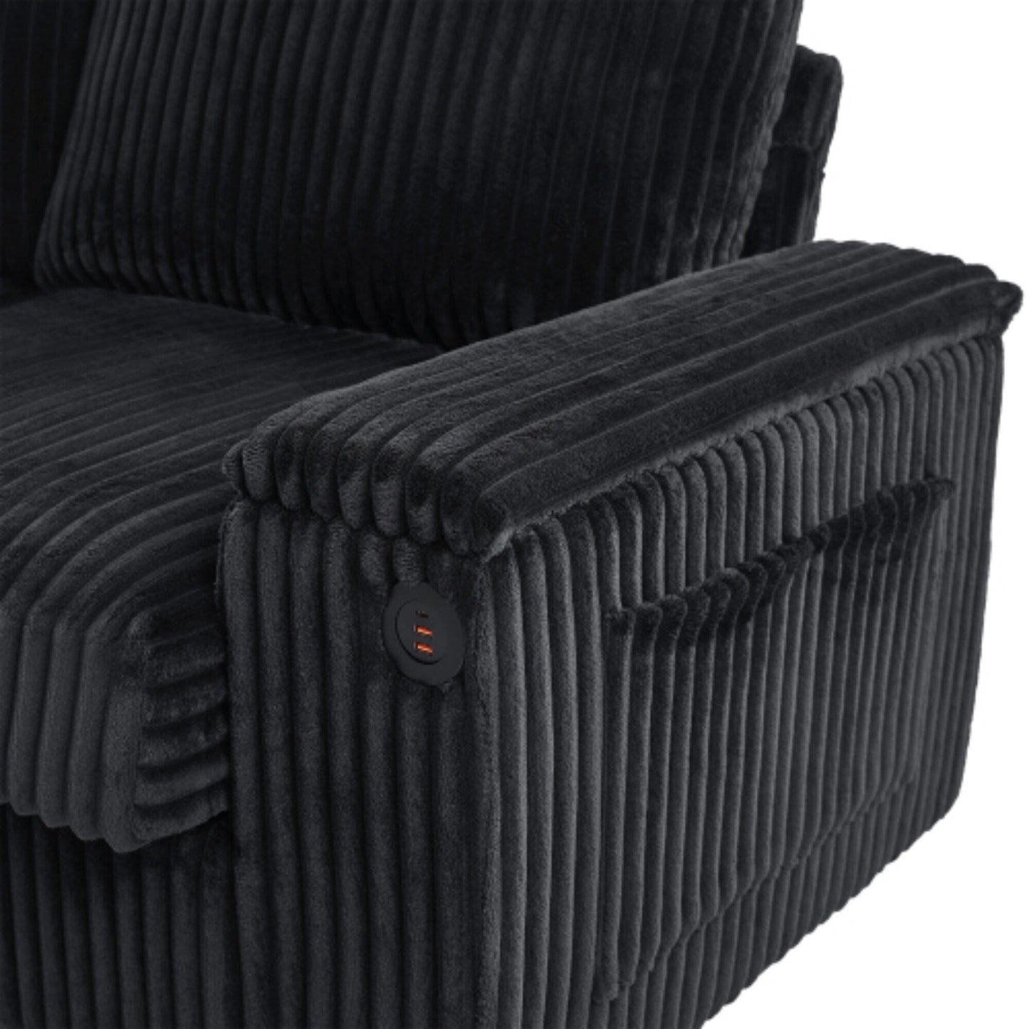 Canapé 4 places moderne en velours côtelé avec ports USB, rangement dissimulé et porte-gobelets rabattables