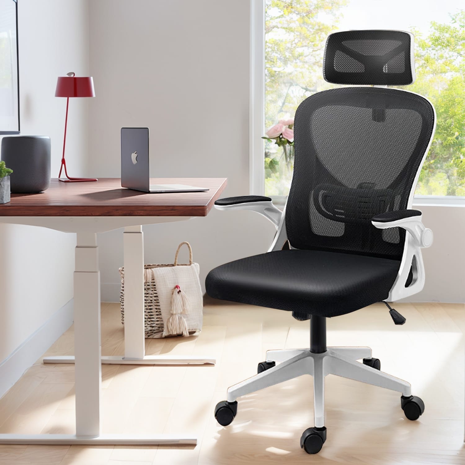 Chaise de bureau ergonomique en maille, dossier haut avec accoudoirs, soutien lombaire, chaise de bureau pivotante pour ordinateur