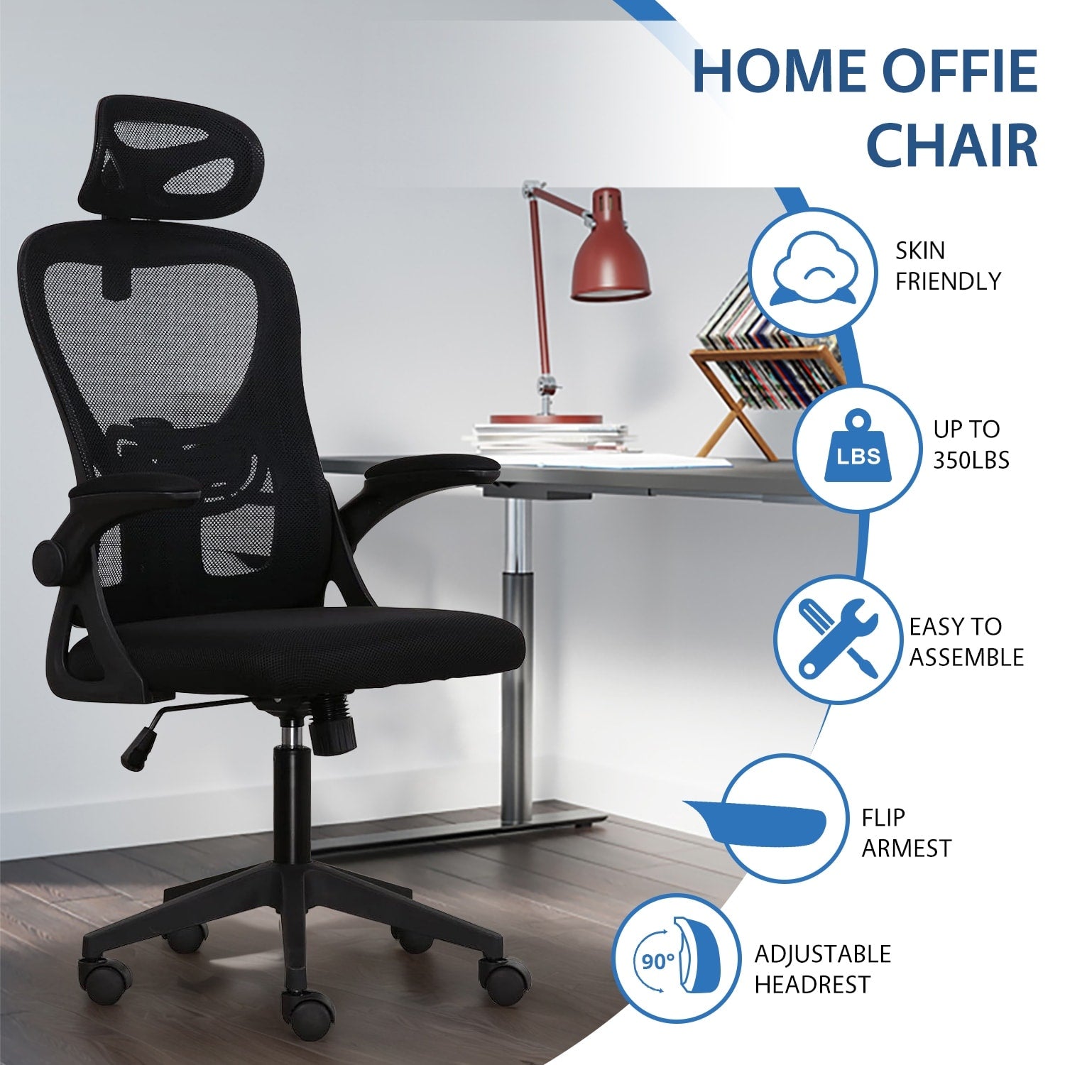 Chaise de bureau ergonomique en maille, dossier haut avec accoudoirs, soutien lombaire, chaise de bureau pivotante pour ordinateur