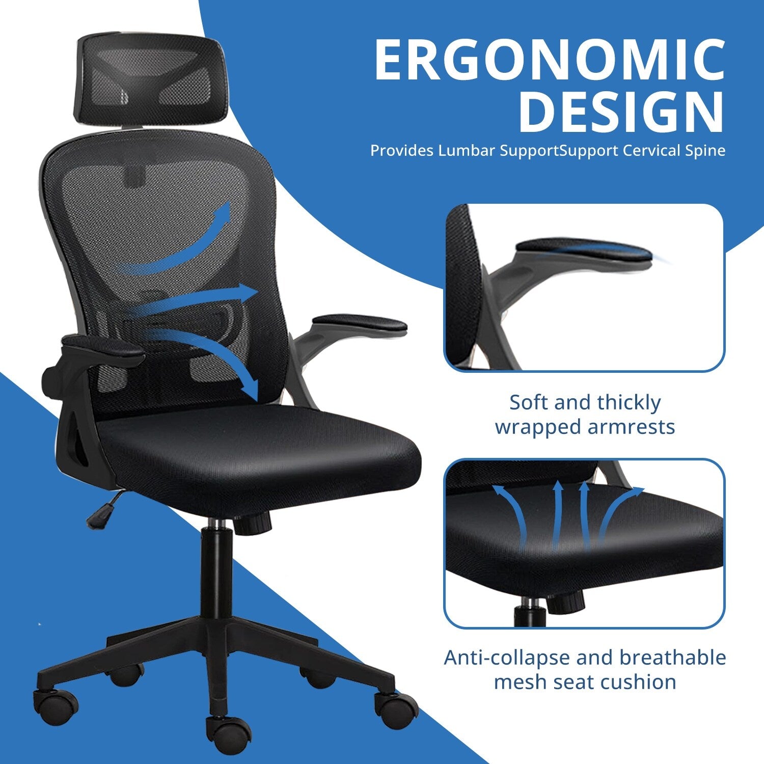 Chaise de bureau ergonomique en maille, dossier haut avec accoudoirs, soutien lombaire, chaise de bureau pivotante pour ordinateur
