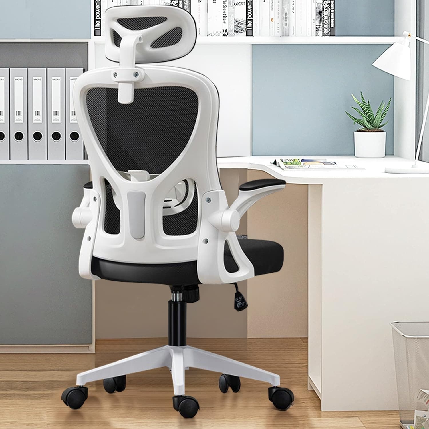 Chaise de bureau ergonomique en maille, dossier haut avec accoudoirs, soutien lombaire, chaise de bureau pivotante pour ordinateur