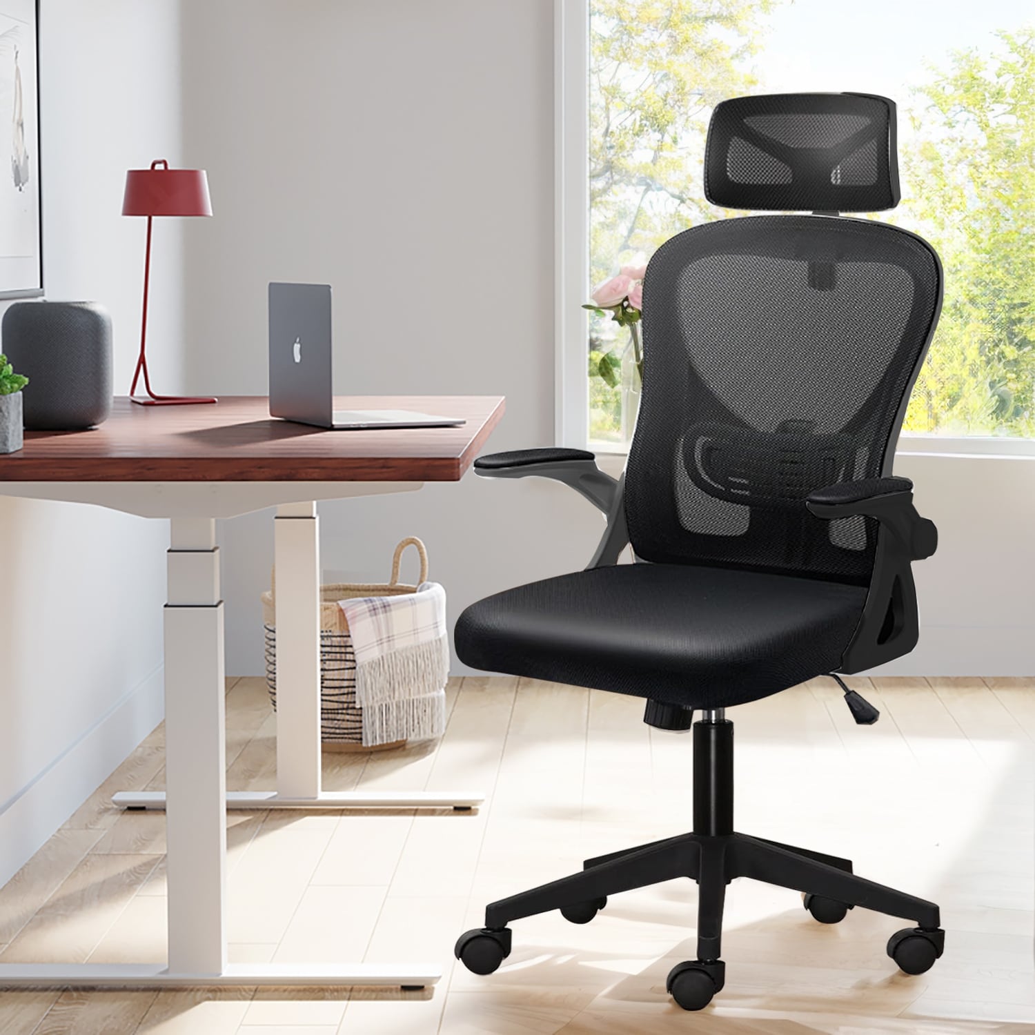 Chaise de bureau ergonomique en maille, dossier haut avec accoudoirs, soutien lombaire, chaise de bureau pivotante pour ordinateur