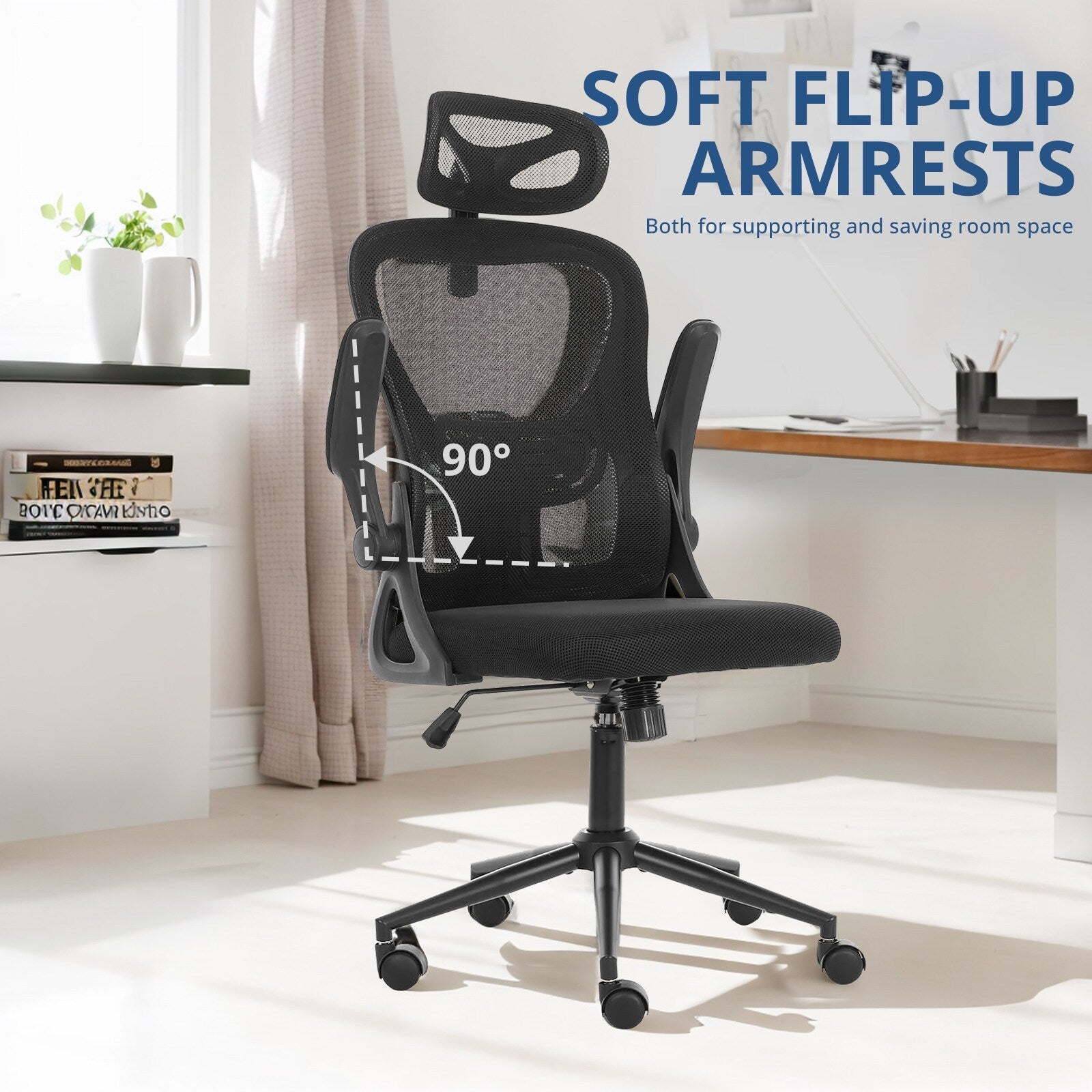 Chaise de bureau ergonomique en maille, dossier haut avec accoudoirs, soutien lombaire, chaise de bureau pivotante pour ordinateur