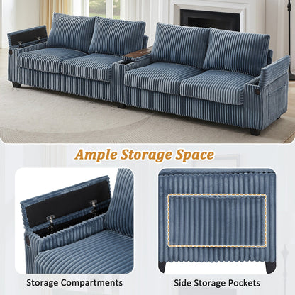 Canapé 4 places en velours côtelé 133 cm, canapé moderne avec ports USB, accoudoirs de rangement dissimulés et porte-gobelets rabattables pour le salon