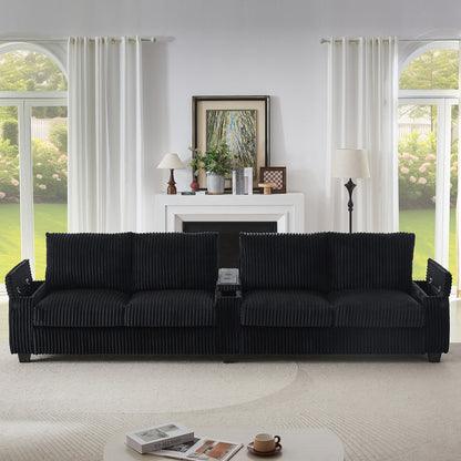 Canapé 4 places en velours côtelé 133 cm, canapé moderne avec ports USB, accoudoirs de rangement dissimulés et porte-gobelets rabattables pour le salon
